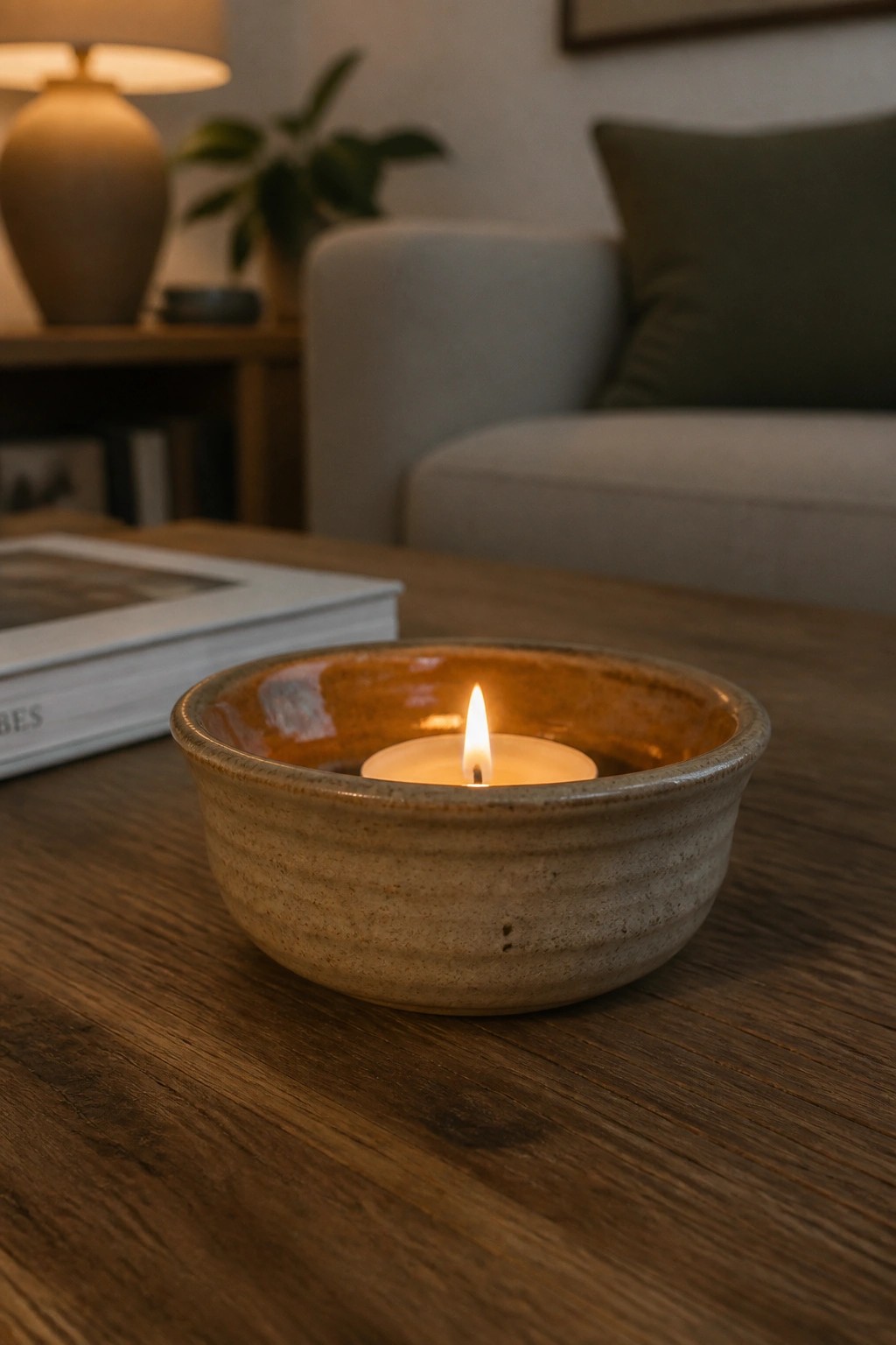 Lit candle in rustic ceramic bowl on dark wooden table with book nearby.