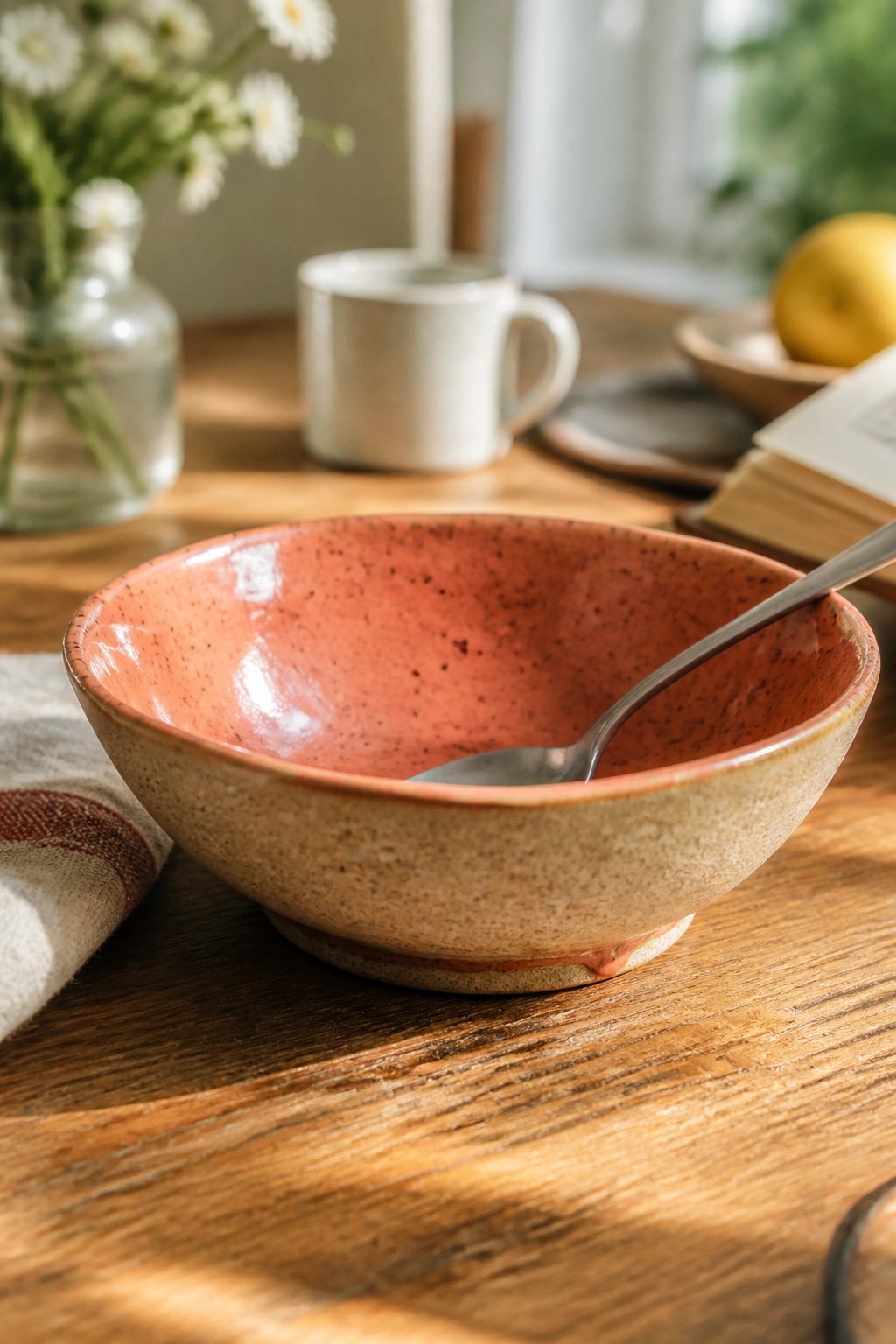 Coral speckled ceramic bowl with spoon on sunlit wooden table with flowers.