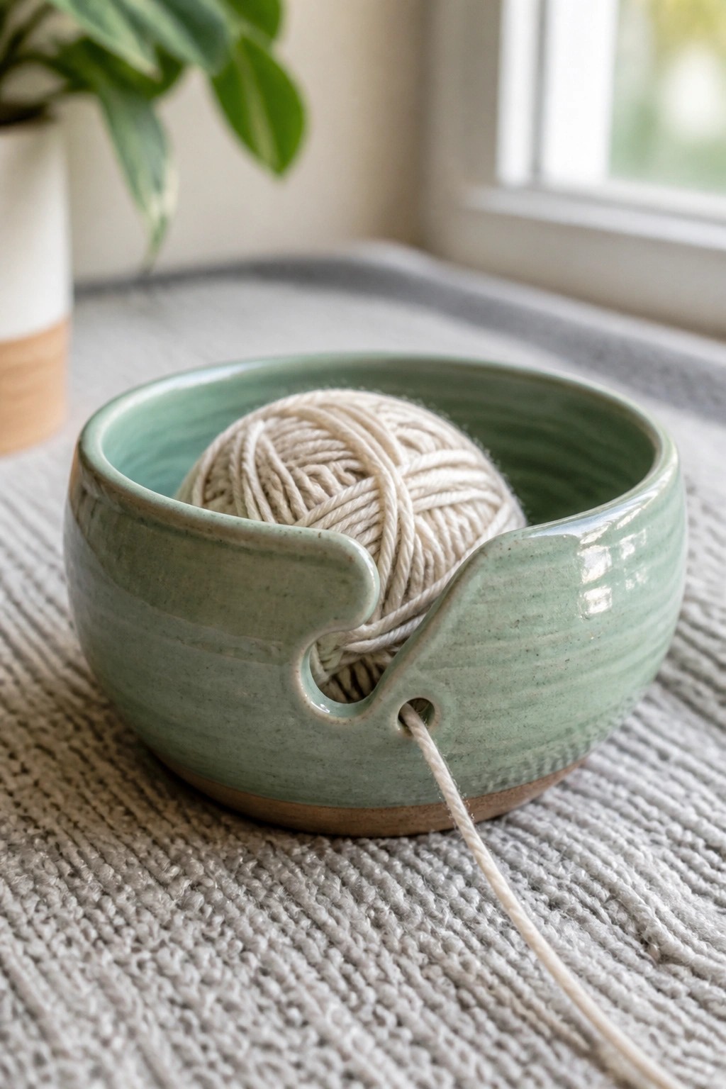 Light green ceramic yarn bowl holding beige yarn ball on woven fabric