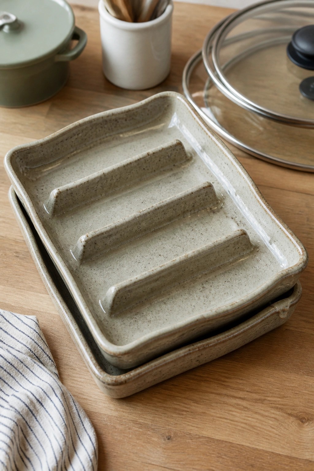 Stacked speckled ceramic baking dishes on wooden table with green pot and cloth