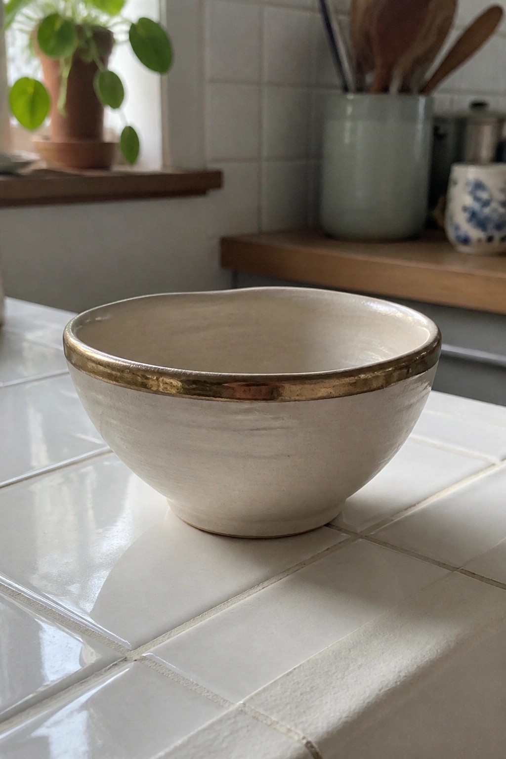 Cream ceramic bowl with gold rim on white kitchen tiles