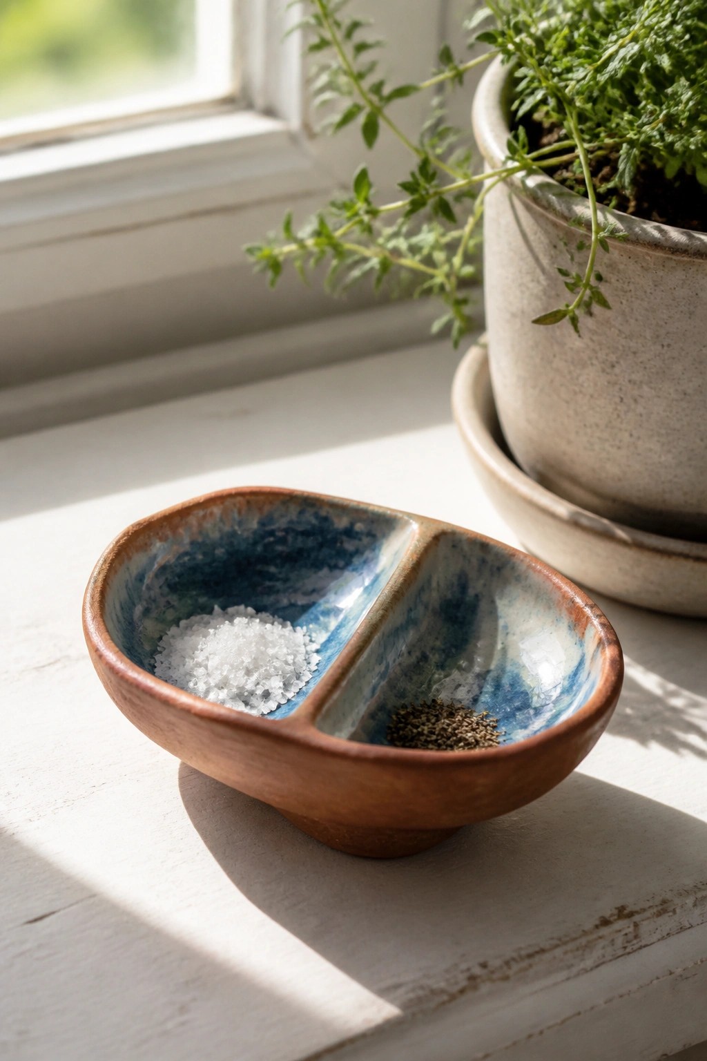 Divided blue ceramic bowl with salt and pepper beside potted herb on windowsill.
