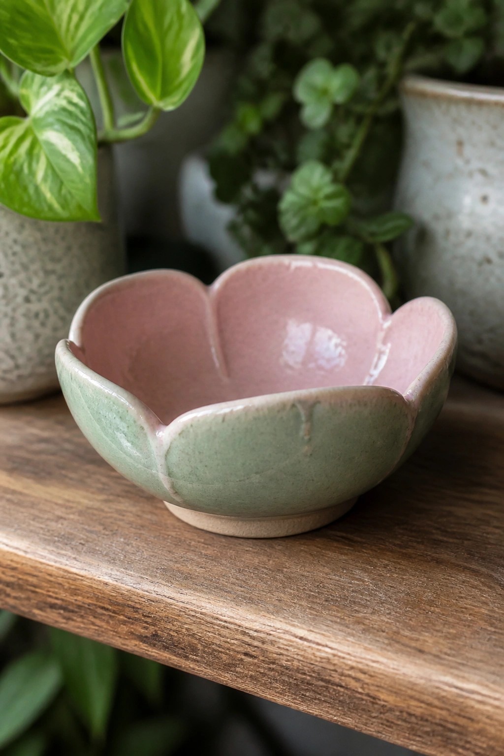 Pink and green flower-shaped ceramic bowl on wooden shelf with potted plants behind