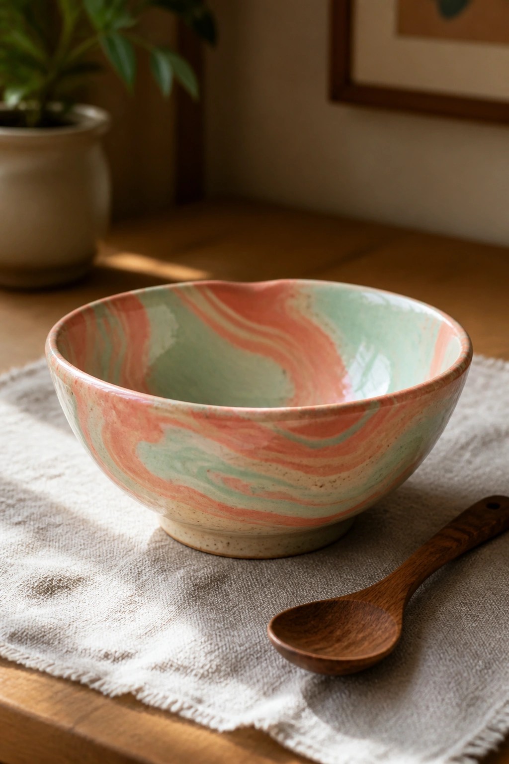 Marbled pink and green ceramic bowl with wooden spoon on linen cloth