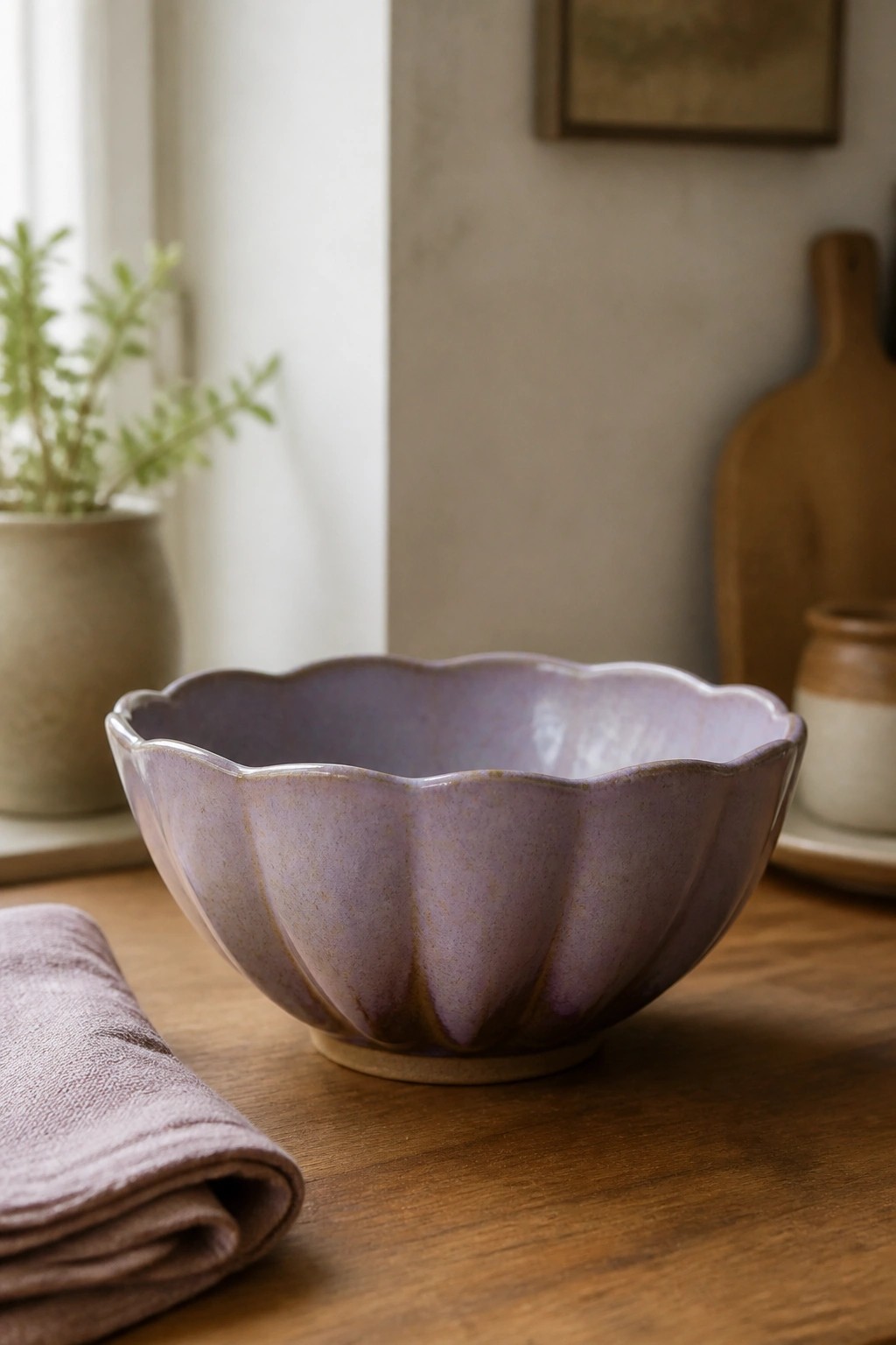 Purple scalloped ceramic bowl on wooden table beside folded cloth napkin