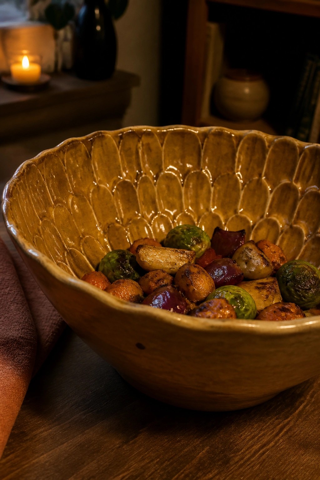 Scalloped yellow ceramic bowl of roasted Brussels sprouts and vegetables on wooden table