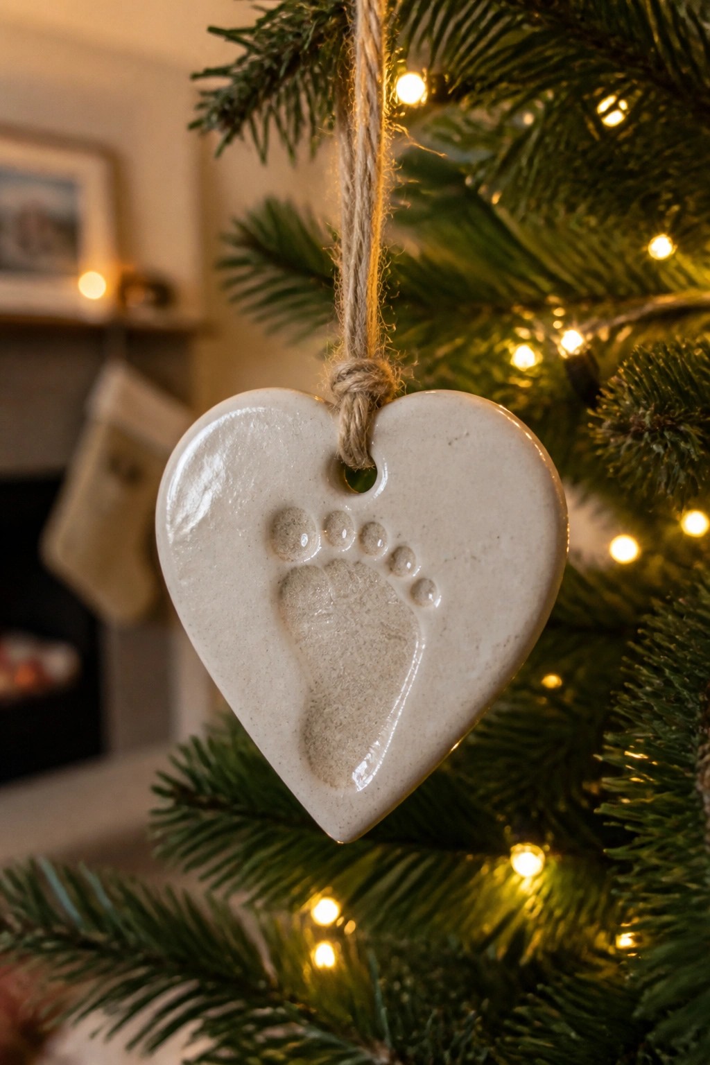 White heart-shaped ceramic ornament with baby footprint on lit Christmas tree