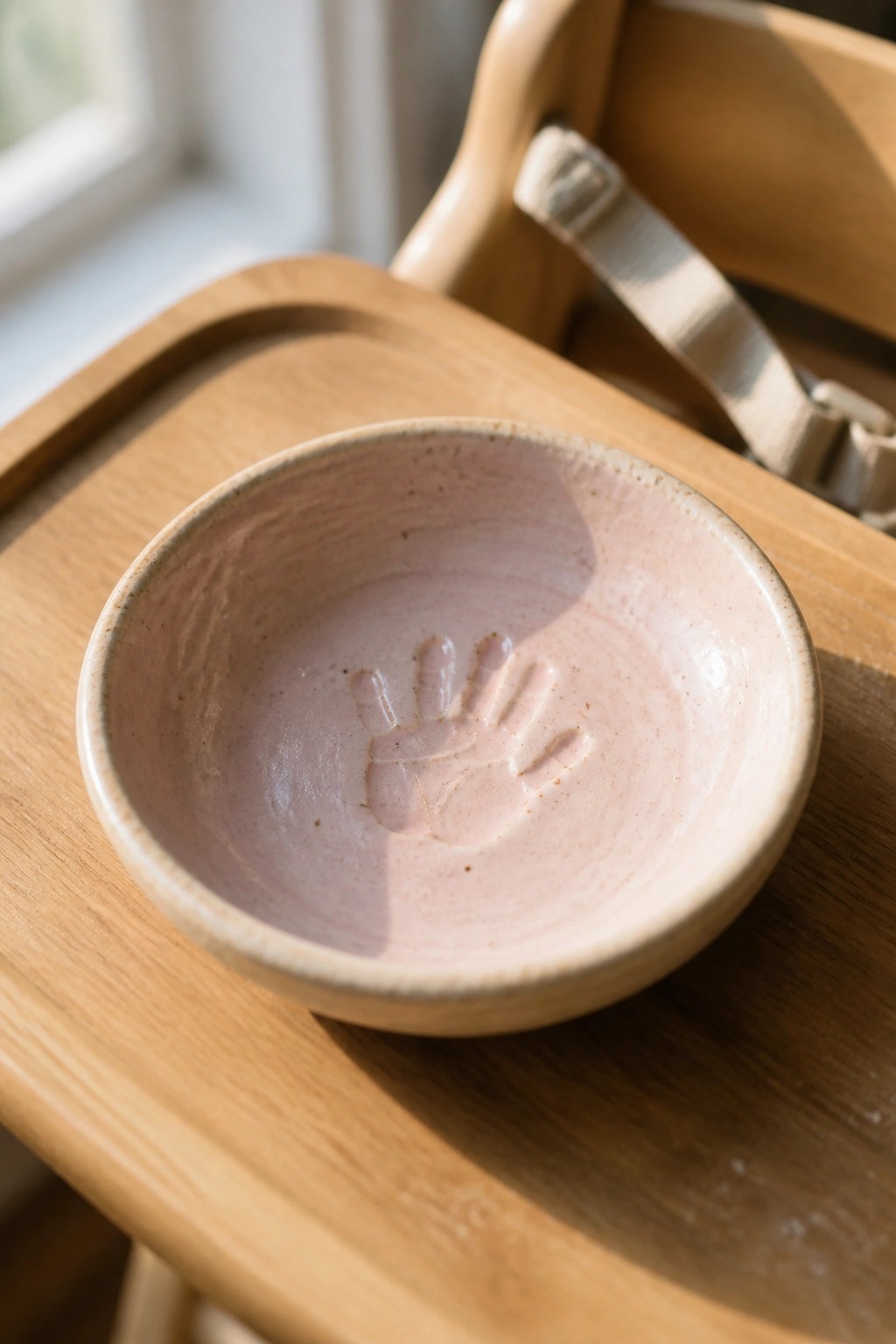 Pink ceramic bowl with child's handprint on wooden high chair tray
