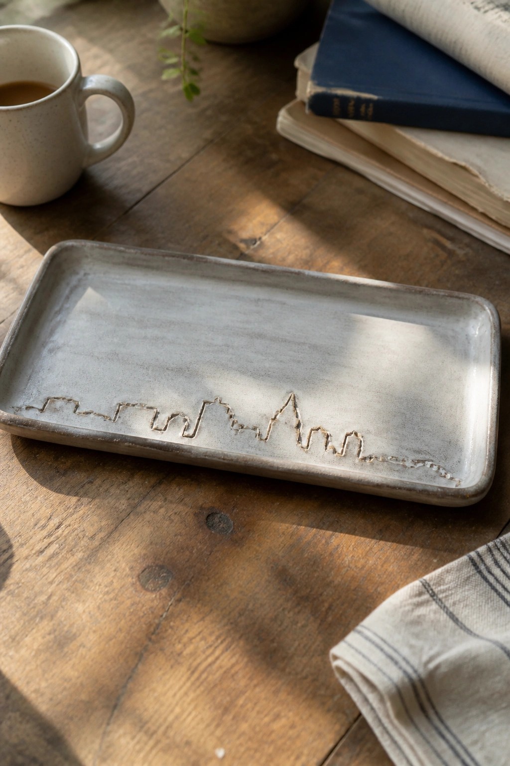 A rectangular ceramic tray with an incised city skyline rests on a wooden table beside a coffee mug and stack of books.