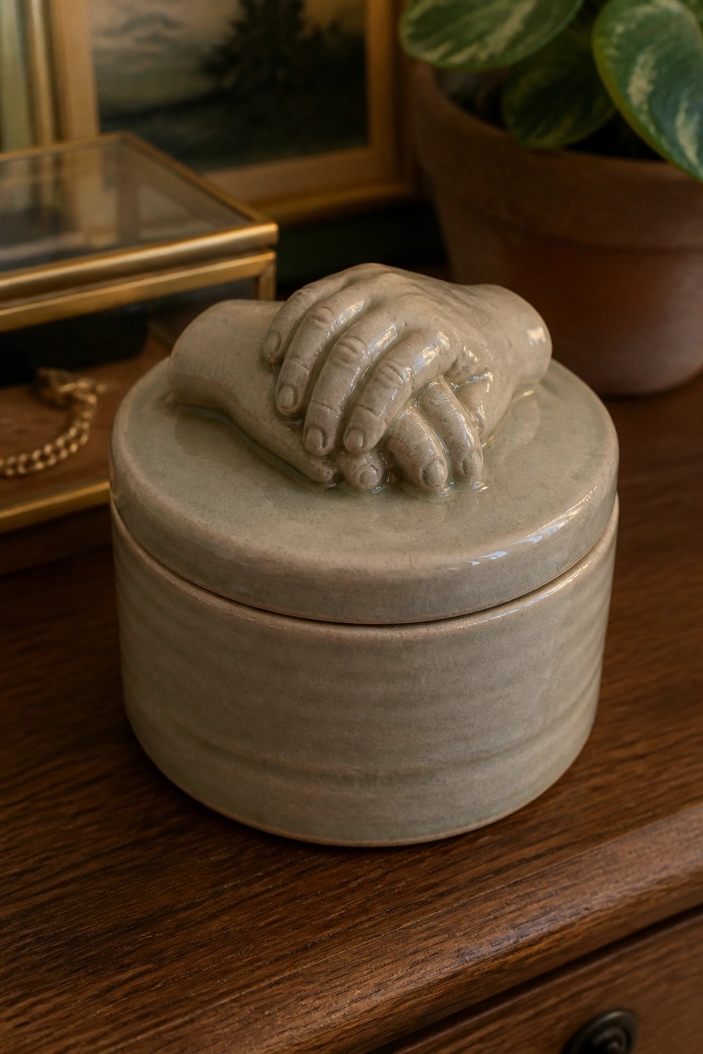 Ceramic jar with sculpted holding hands on lid atop wooden surface