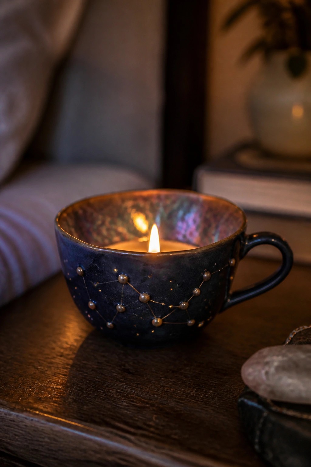 Lit candle glowing inside dark blue iridescent cup with constellation patterns on wood.