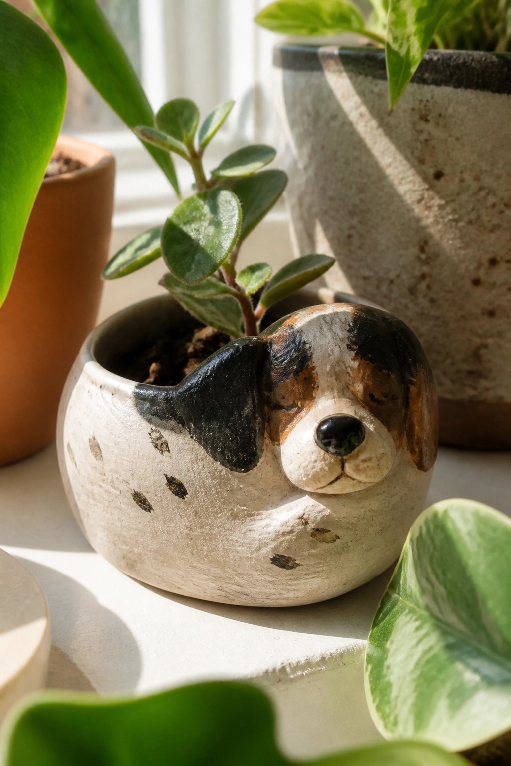 Ceramic dog-shaped planter holding small green plant on sunny windowsill.