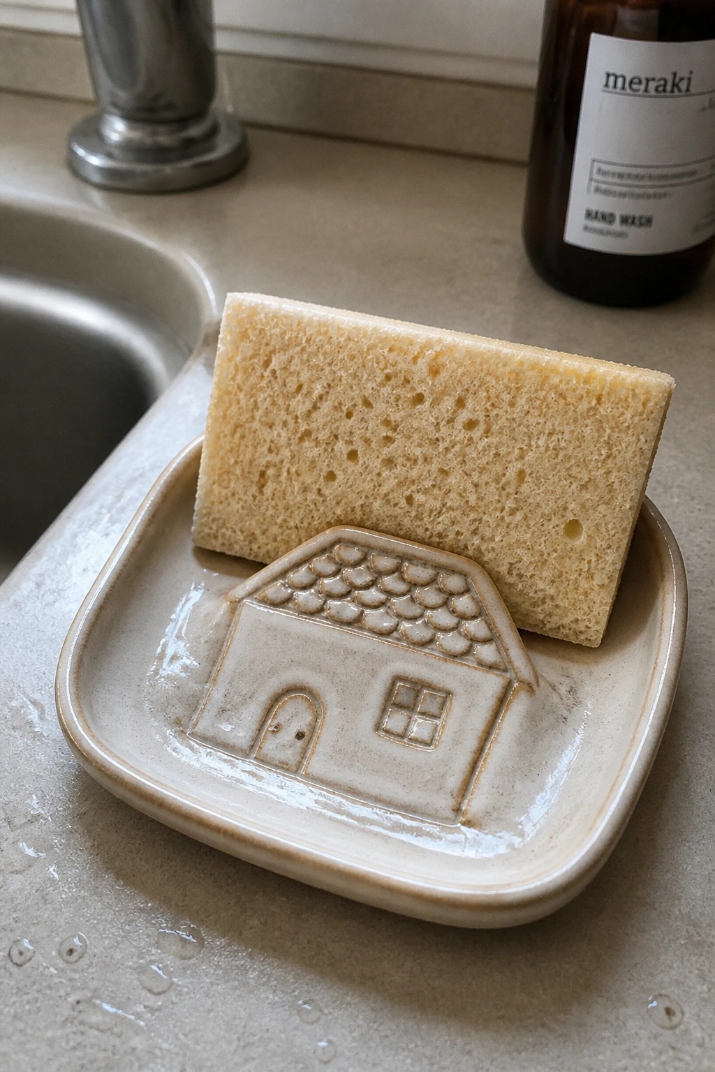 Yellow sponge on beige ceramic soap dish with house motif on wet counter