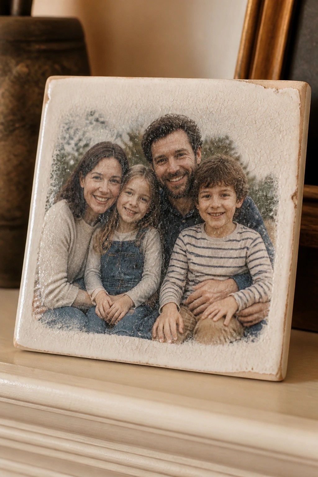 A square ceramic tile with a printed family photo rests on a wooden surface.