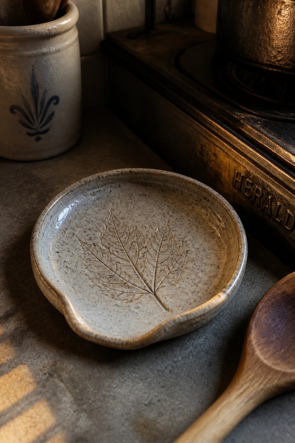 Speckled ceramic dish with leaf imprint beside wooden spoon on kitchen counter