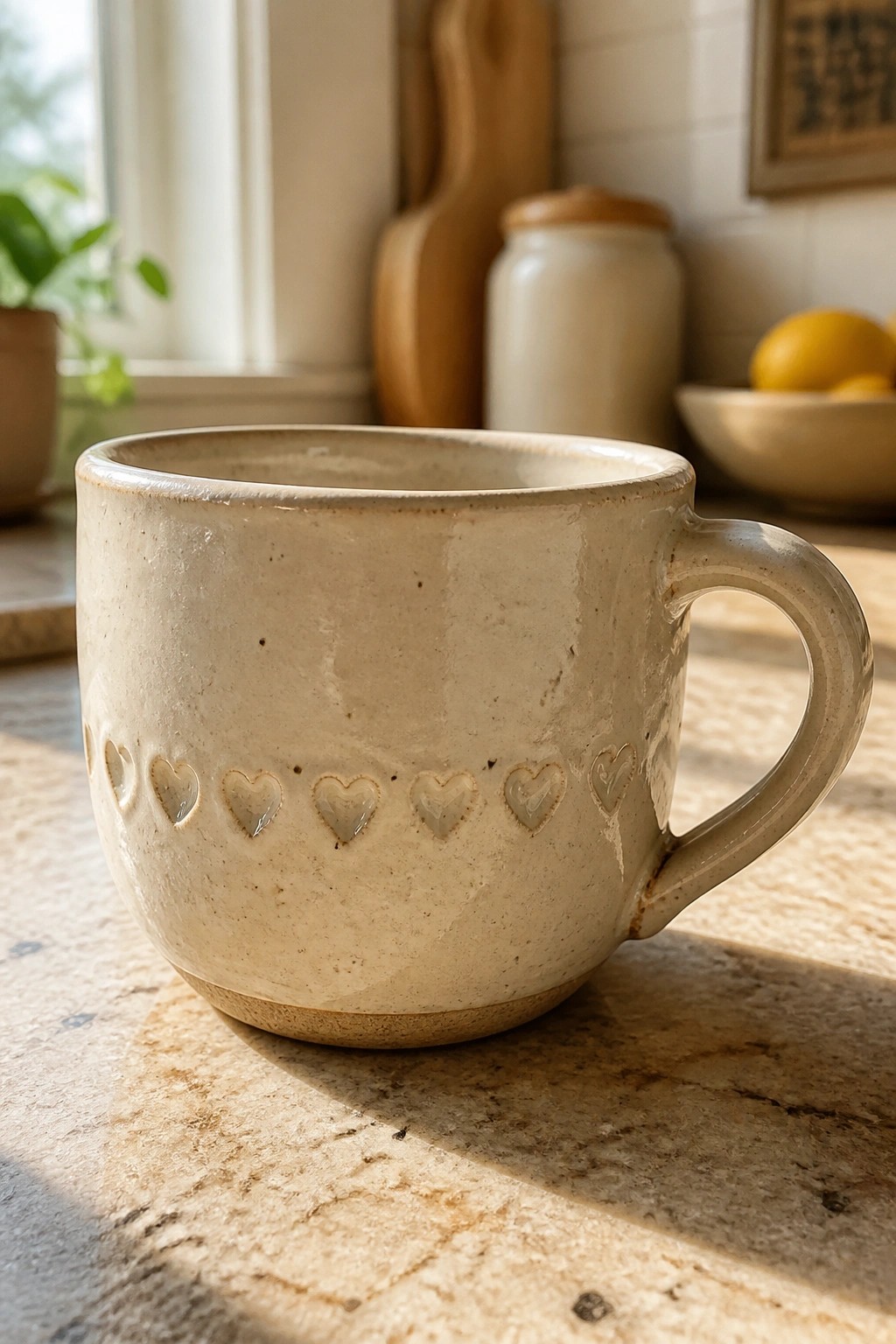Cream ceramic mug with embossed hearts on sunlit kitchen marble countertop