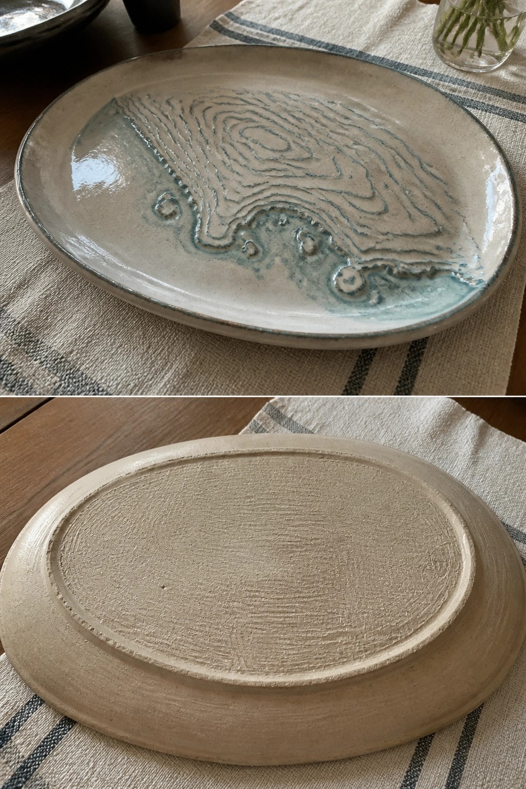 Front and back of oval ceramic plate with blue glaze patterns on beige.