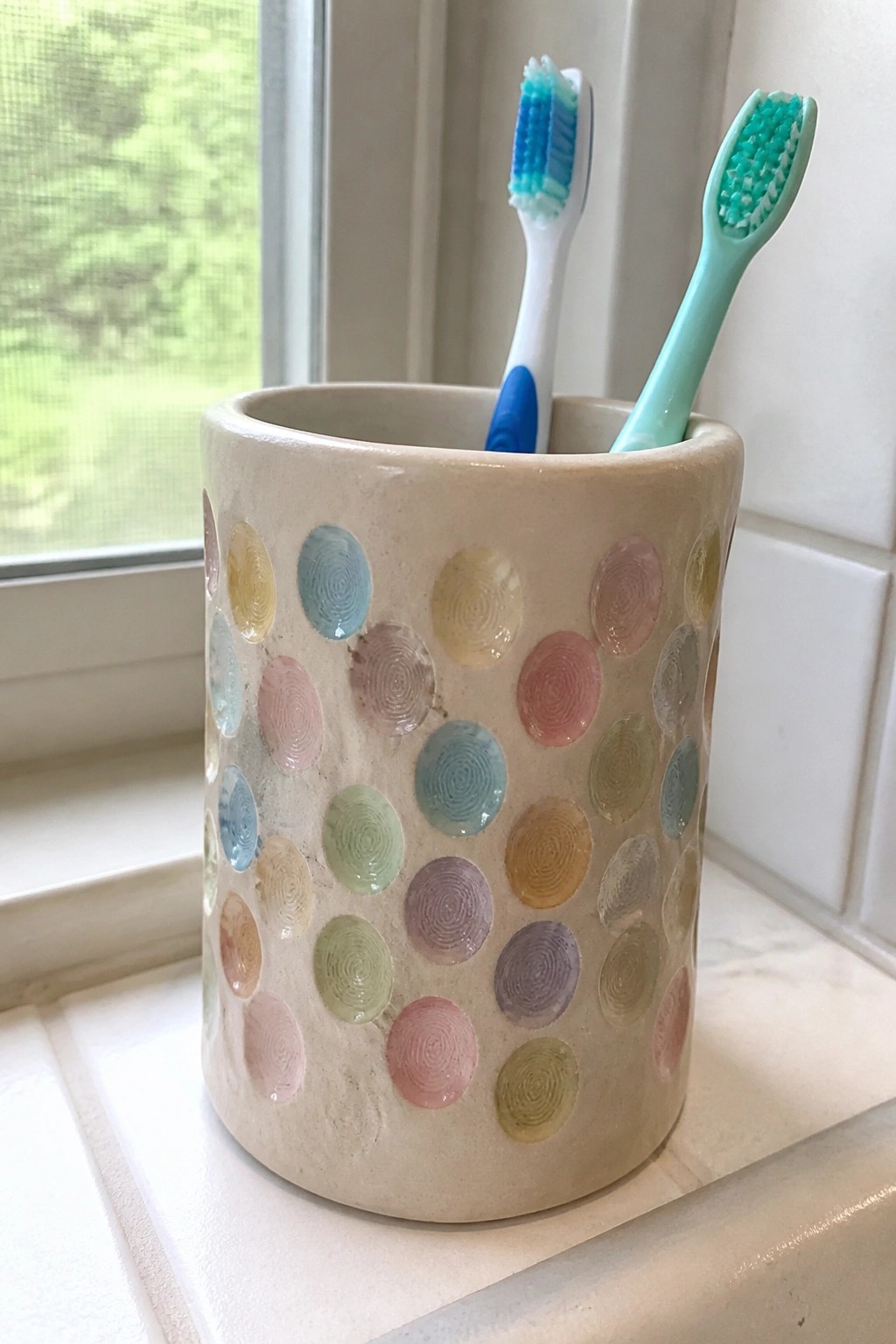 Beige ceramic holder with pastel dots holding two toothbrushes on a windowsill.