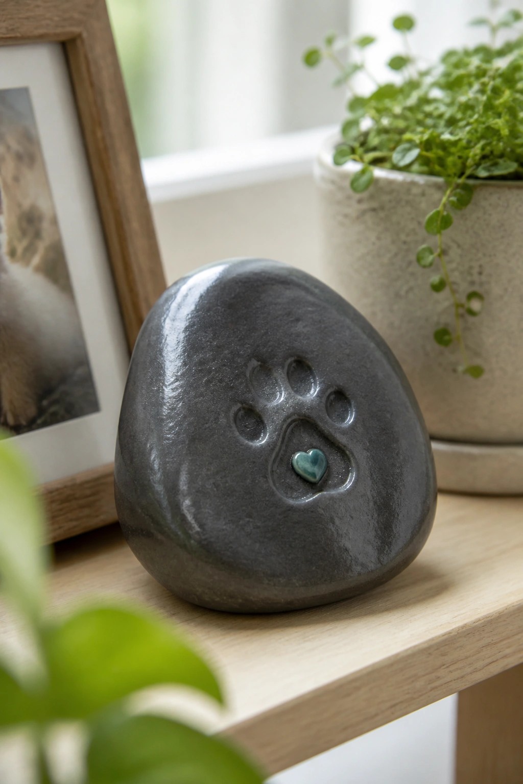 Gray stone with paw print and green heart on wooden table near plant