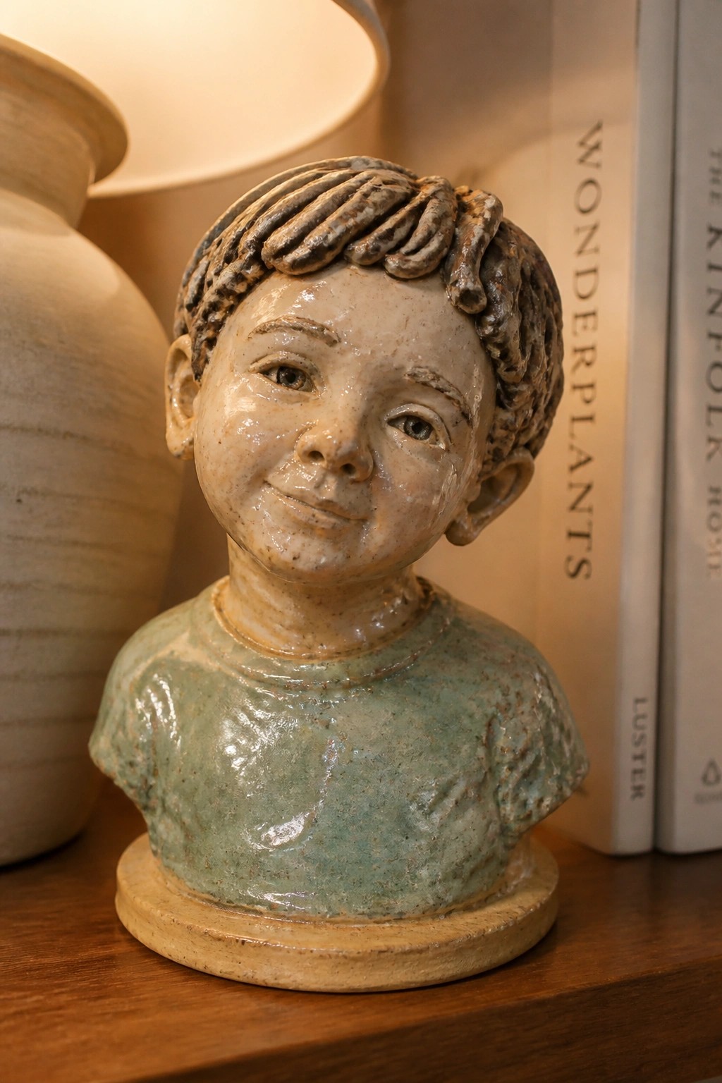 A small ceramic bust of a child with textured hair, pale glazed face, and green shirt rests on a wooden surface beside books and a lamp.