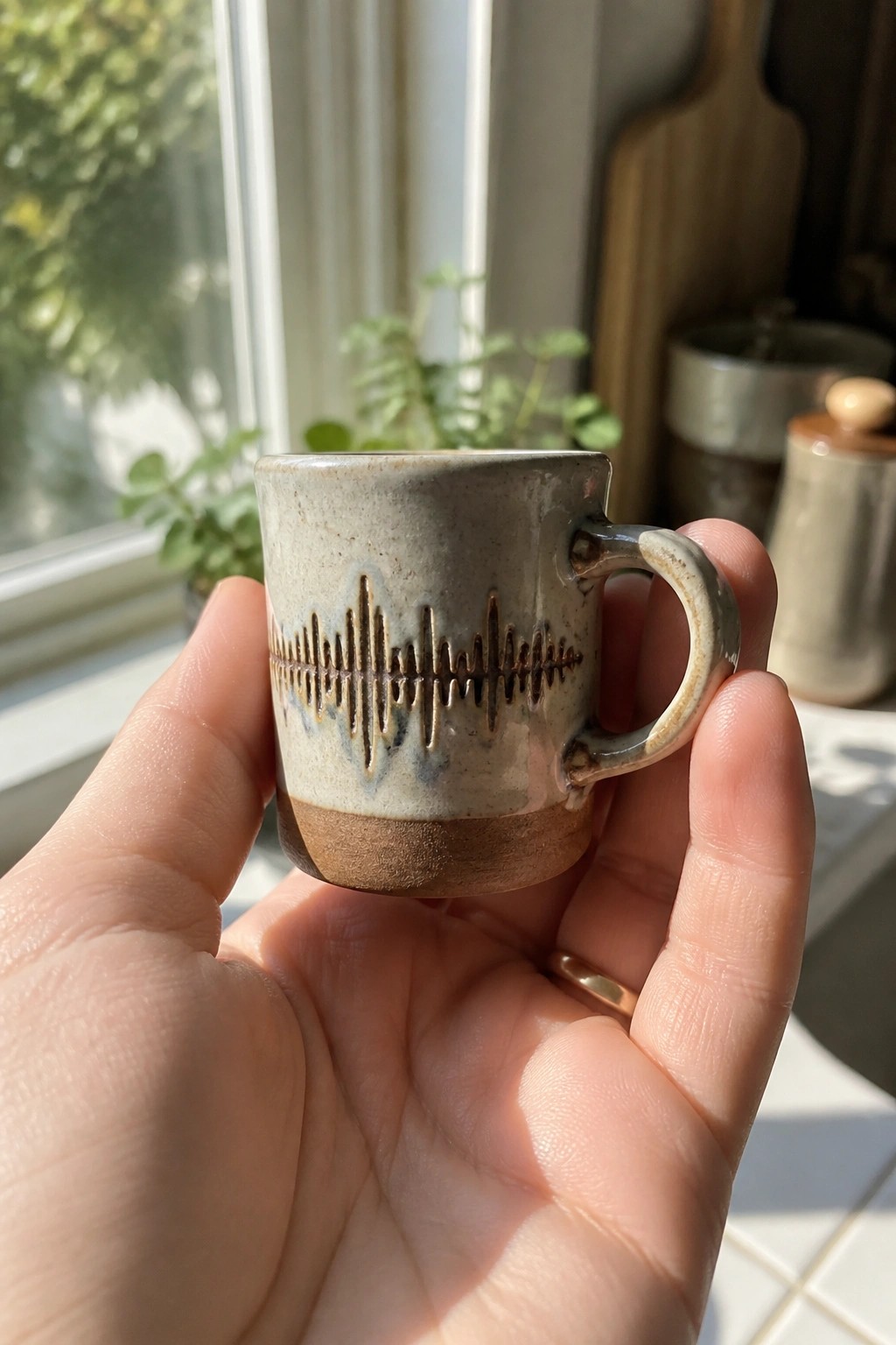 Hand holding small gray ceramic mug with brown soundwave design and gold ring