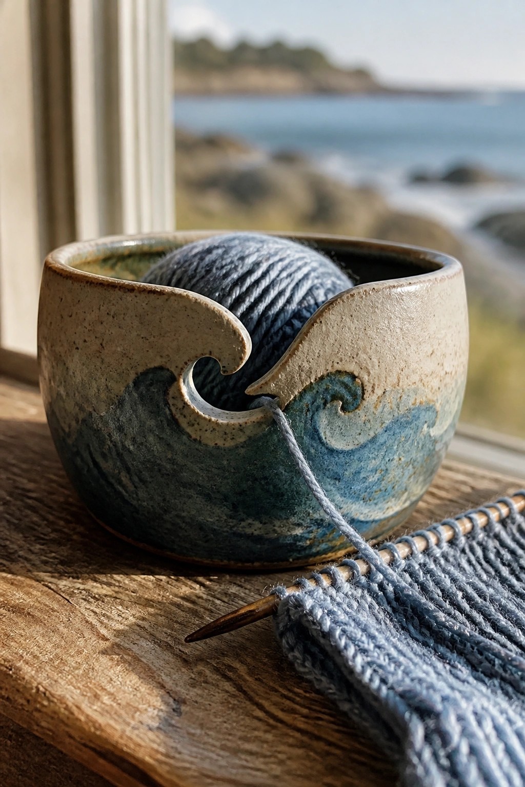 Wave-glazed yarn bowl with blue yarn and knitting on needles by ocean window