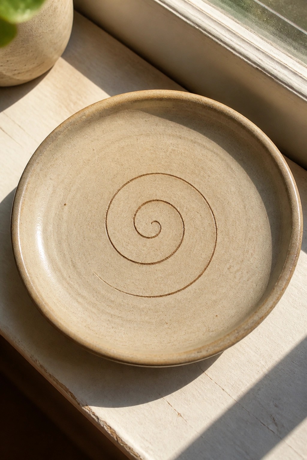Beige ceramic plate with spiral design on sunlit wooden windowsill