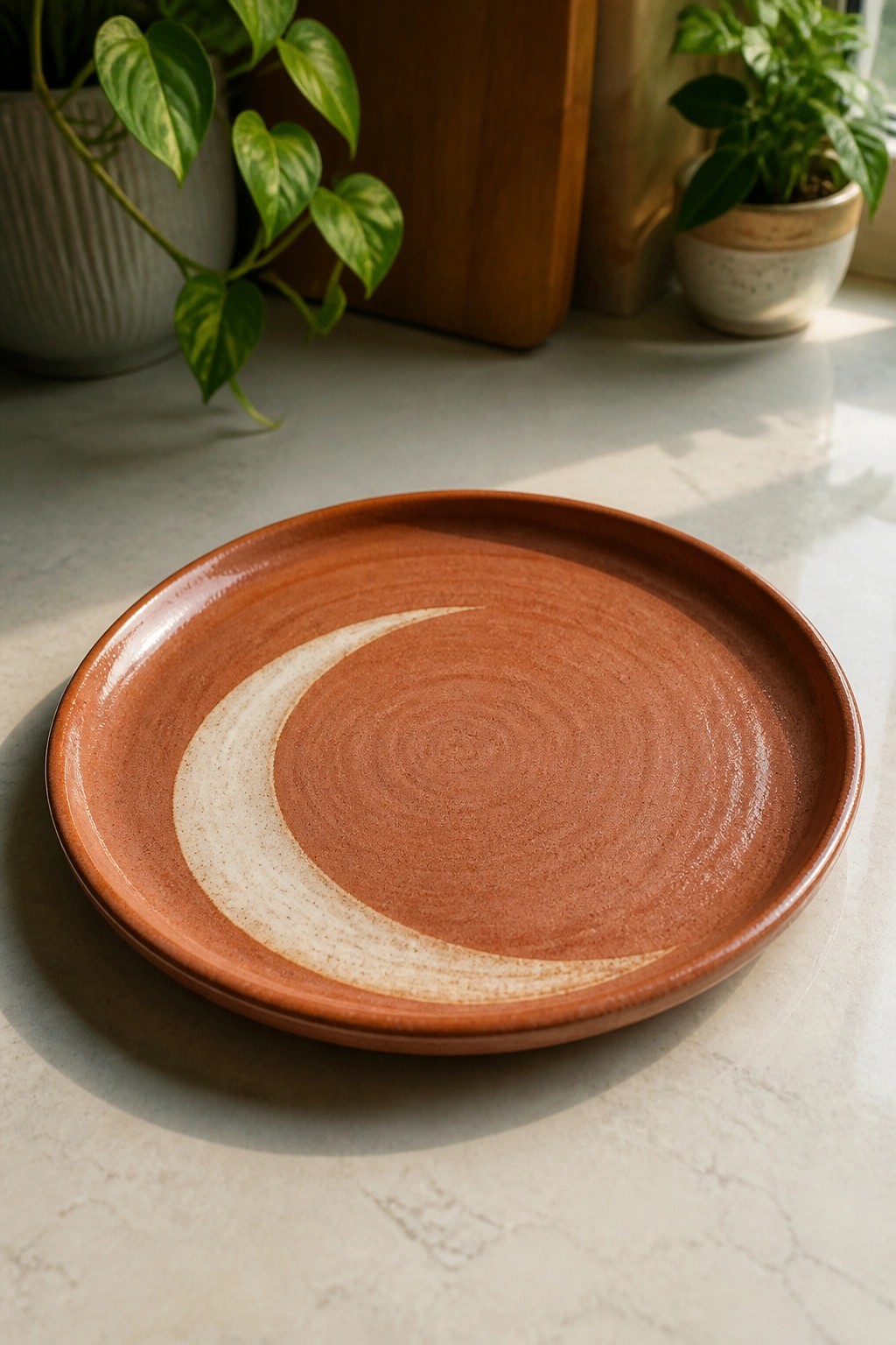 Terracotta plate with white crescent design on marble surface amid plants.