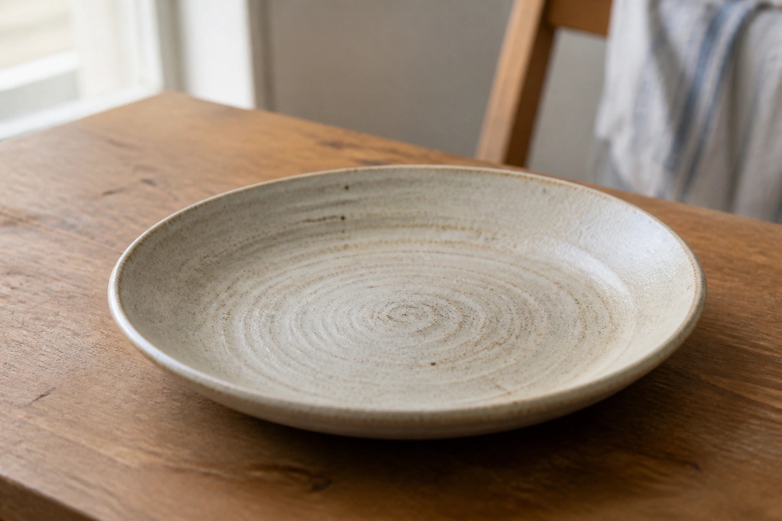 Rustic beige ceramic bowl with concentric ridges on wooden table beside cloth
