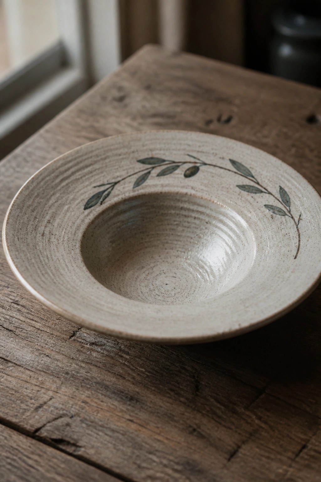 Beige ceramic bowl with green leaf branch on rustic wooden table
