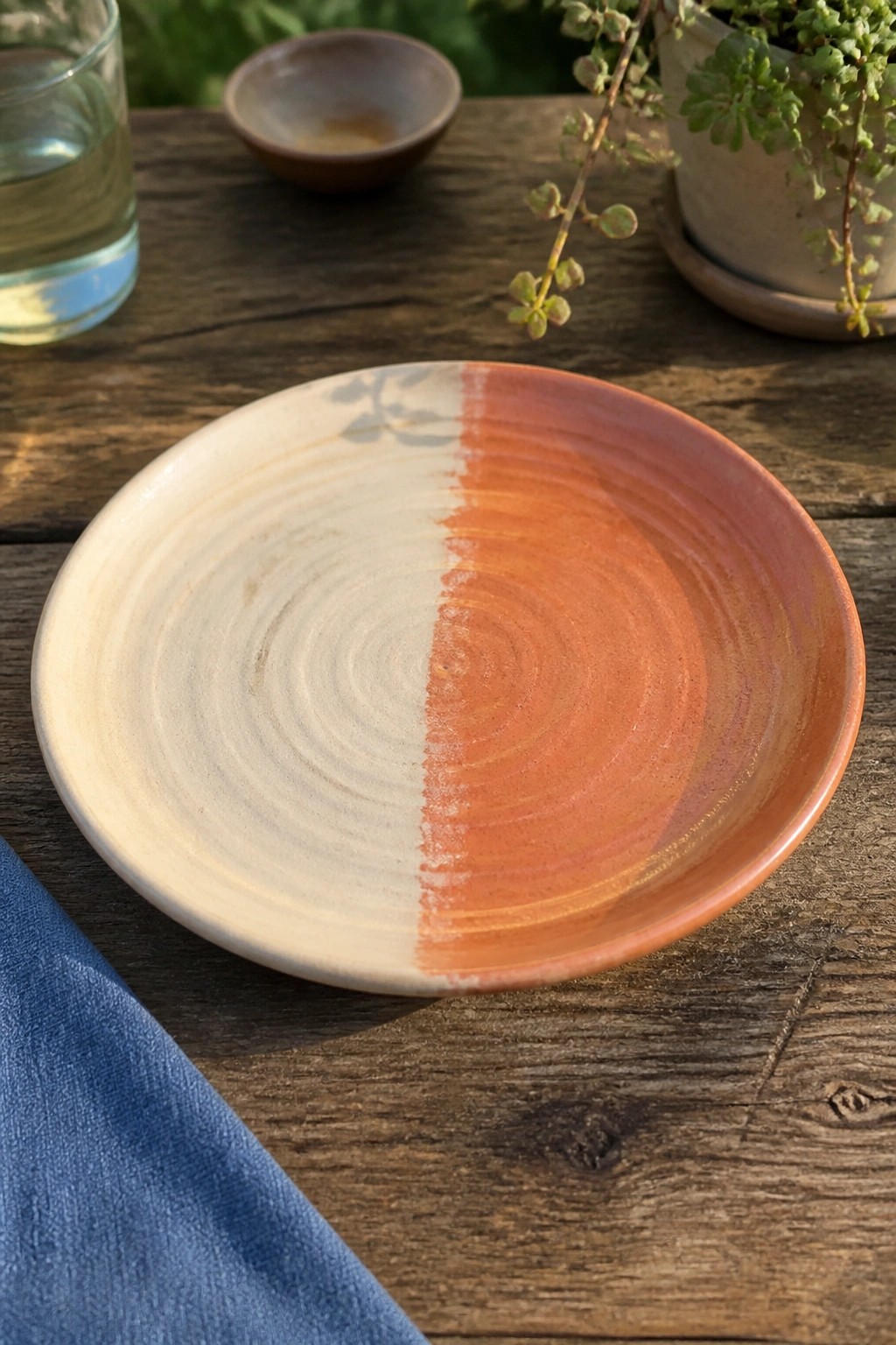 Two-toned beige and terracotta ceramic plate on rustic wooden table with plant