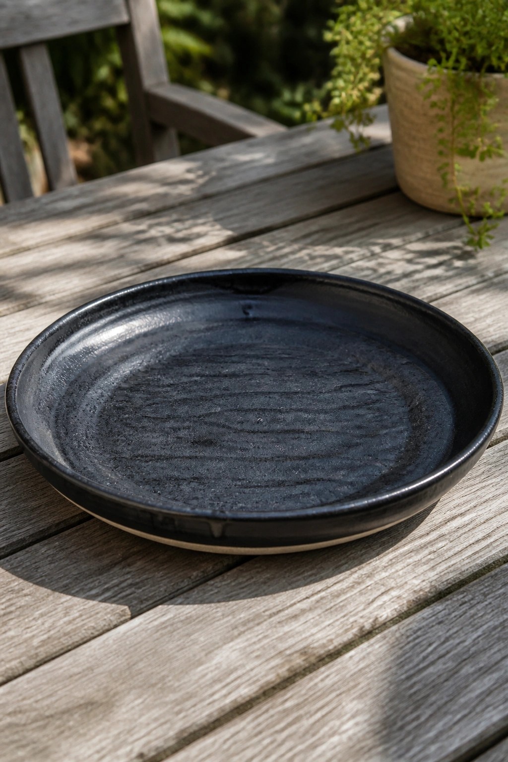 Black textured ceramic plate on weathered wooden table with potted plant nearby.
