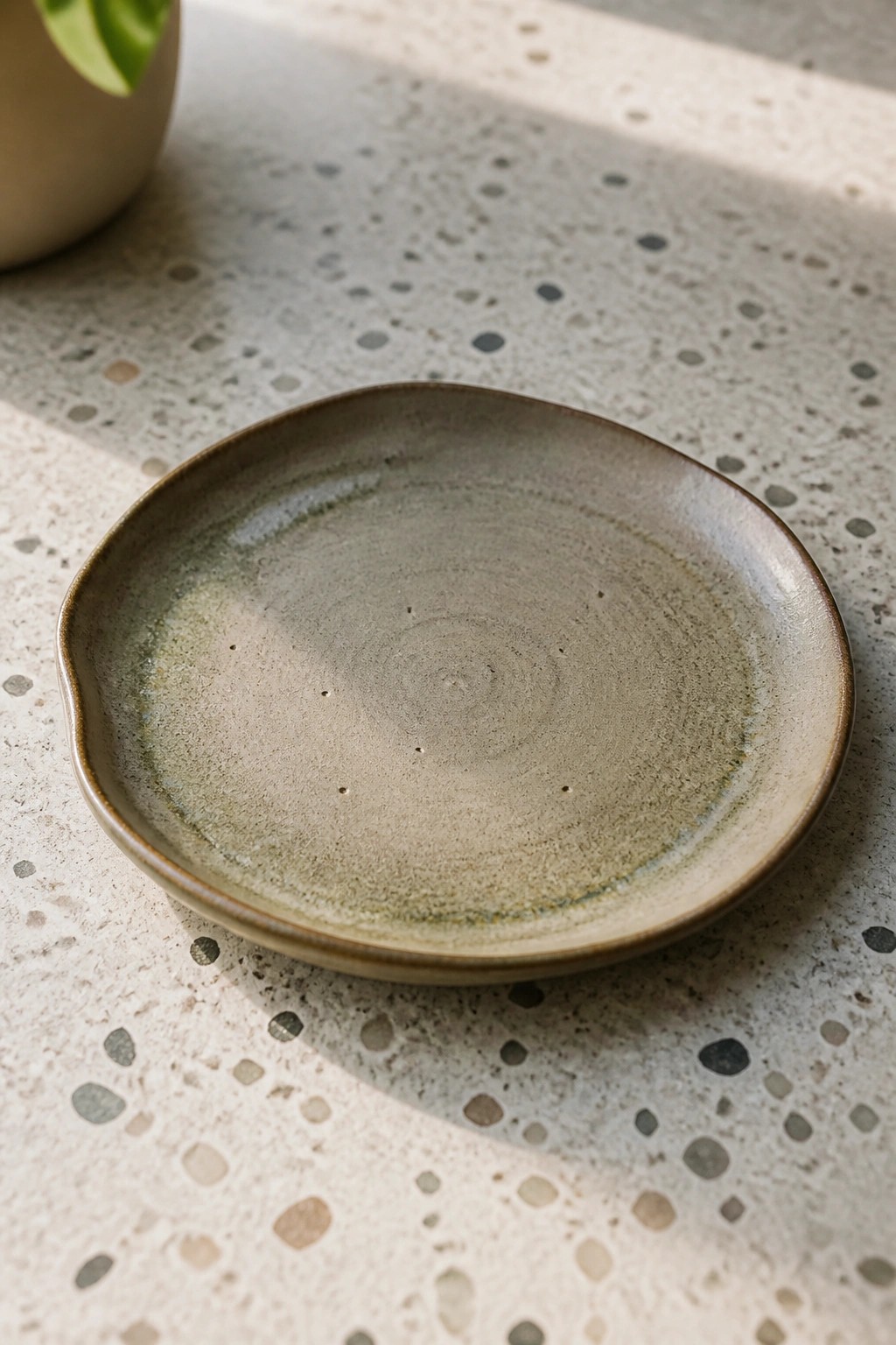 Hand-thrown ceramic plate with green spiral glaze on speckled countertop
