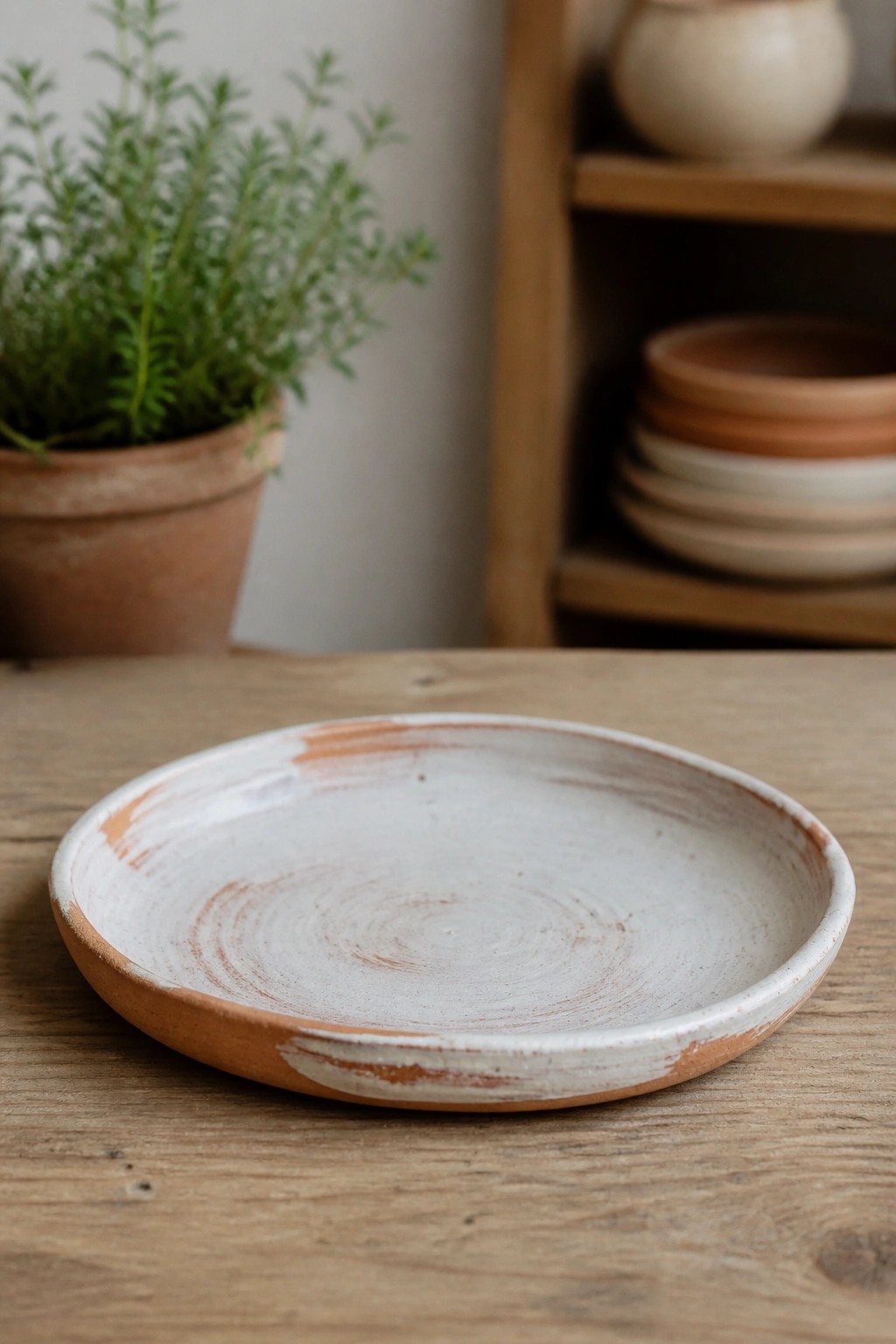 Rustic white ceramic plate with terracotta rim on wooden table, potted plant and shelves behind.