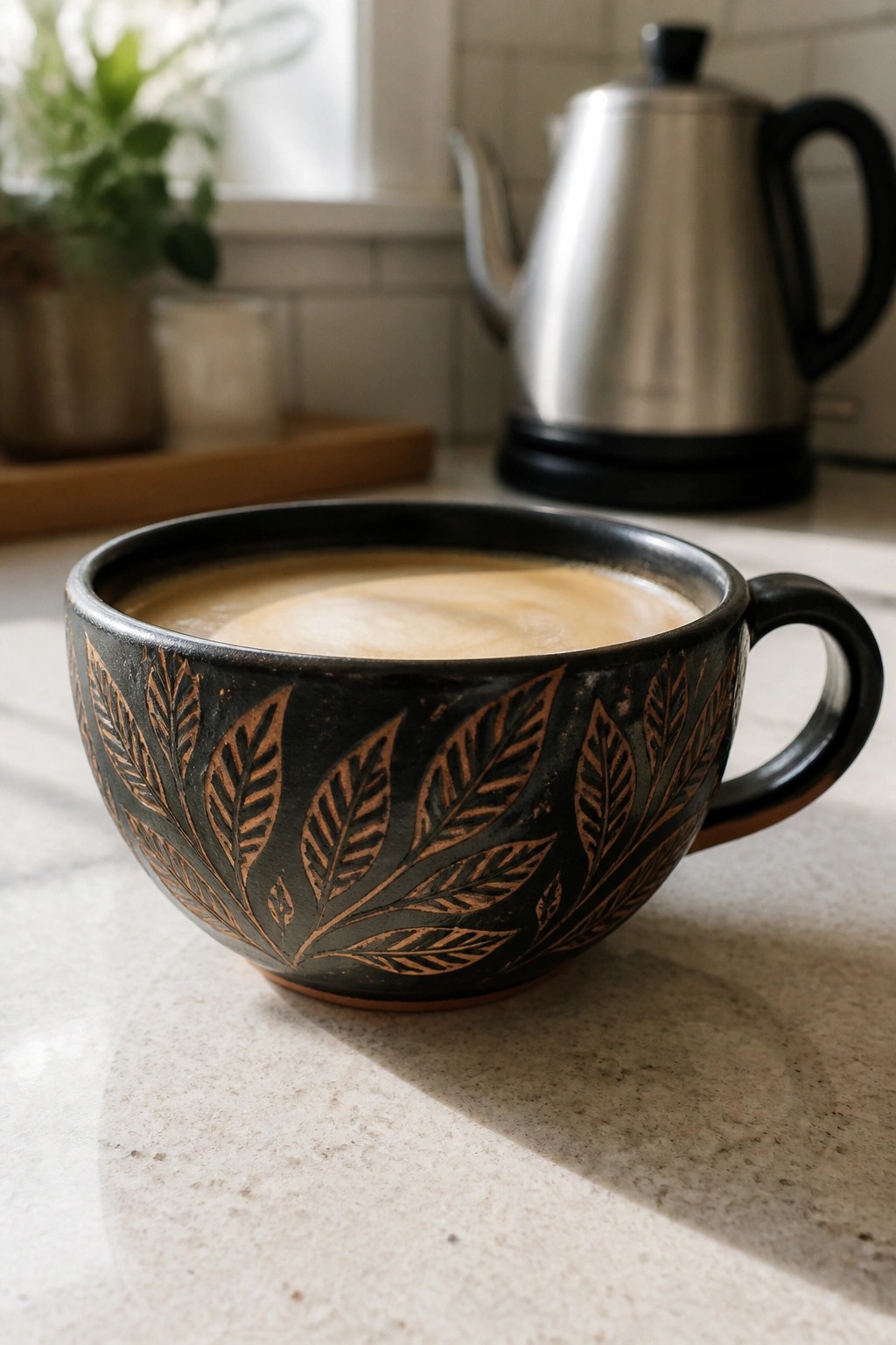 Black ceramic mug with leaf patterns holding creamy coffee on kitchen counter