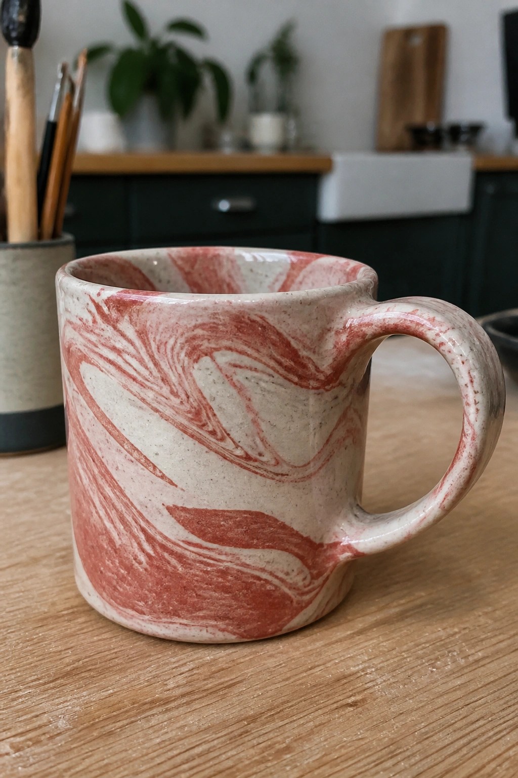 Marbled red and white ceramic mug on wooden kitchen countertop