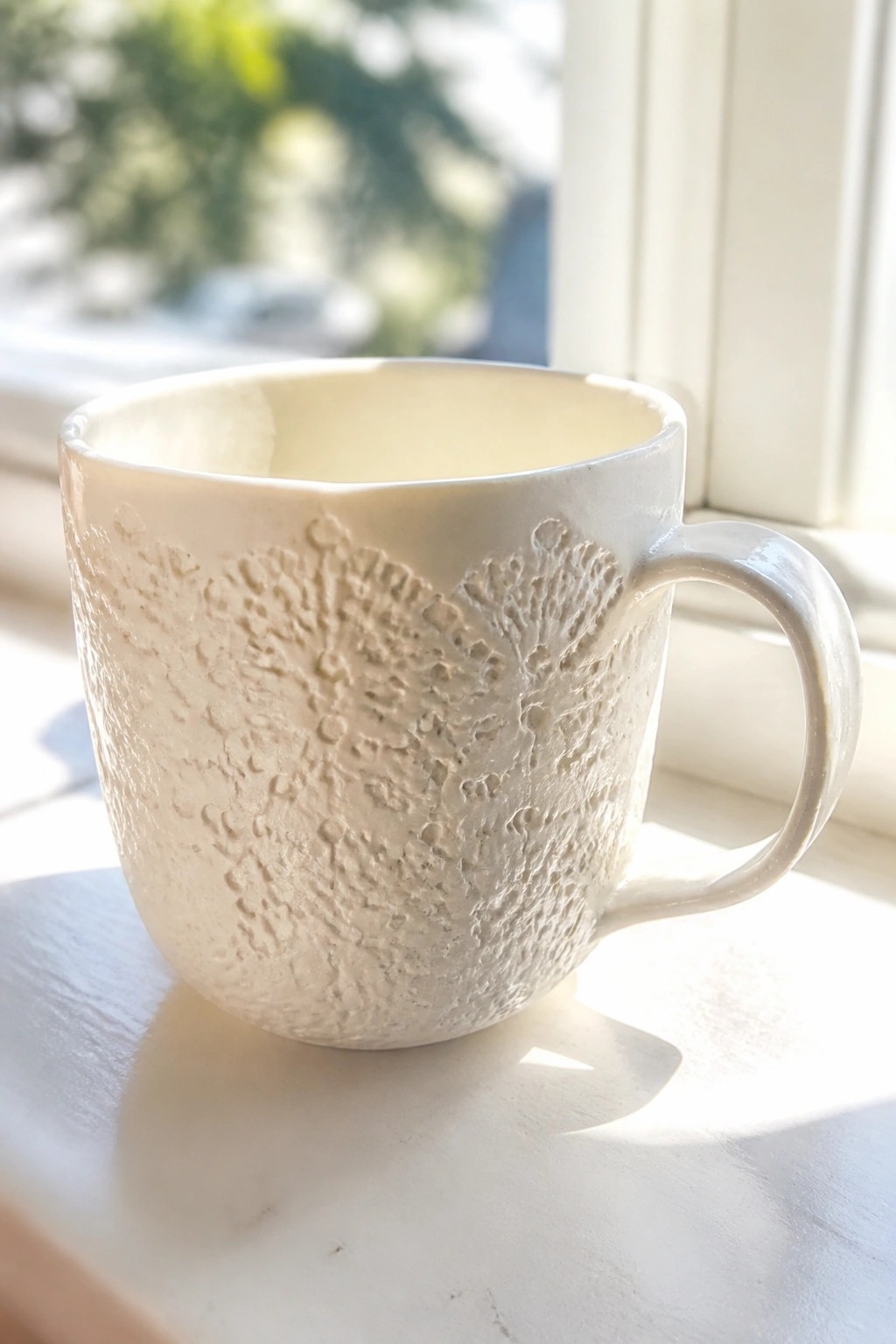 White ceramic mug with embossed patterns on sunlit windowsill