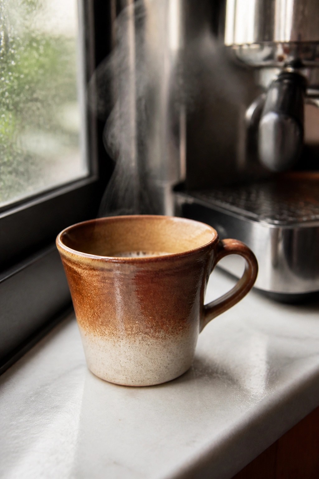 Steam rising from brown ceramic mug on marble windowsill near espresso machine