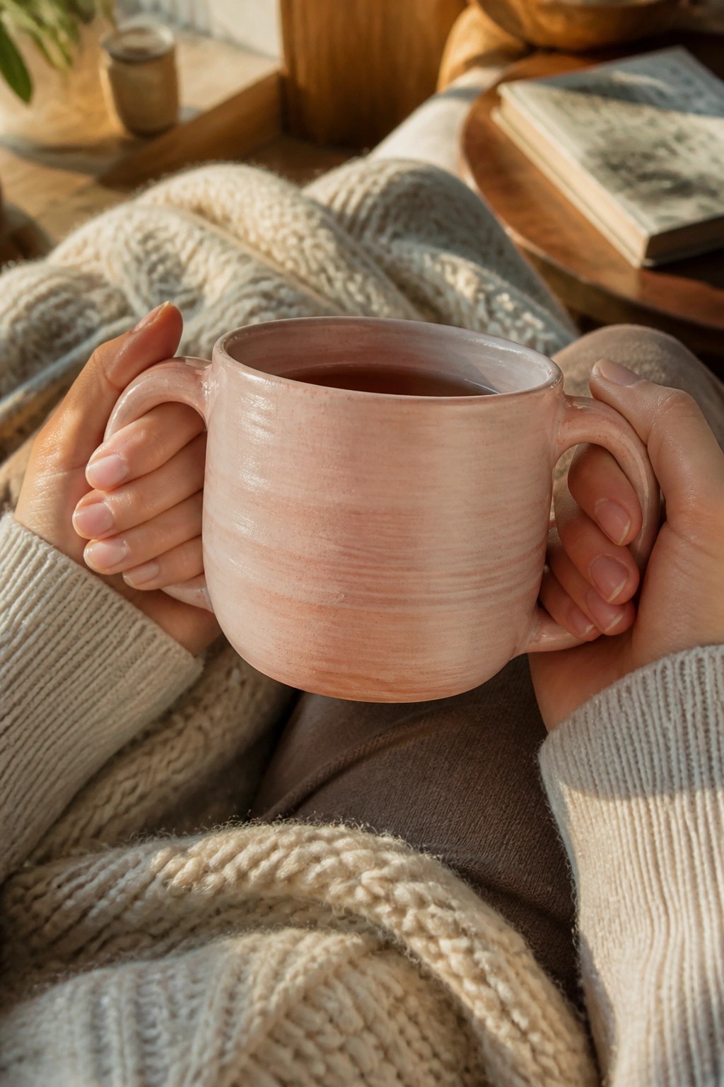 Hands in cream knit sweater holding pink ceramic mug of tea on lap.