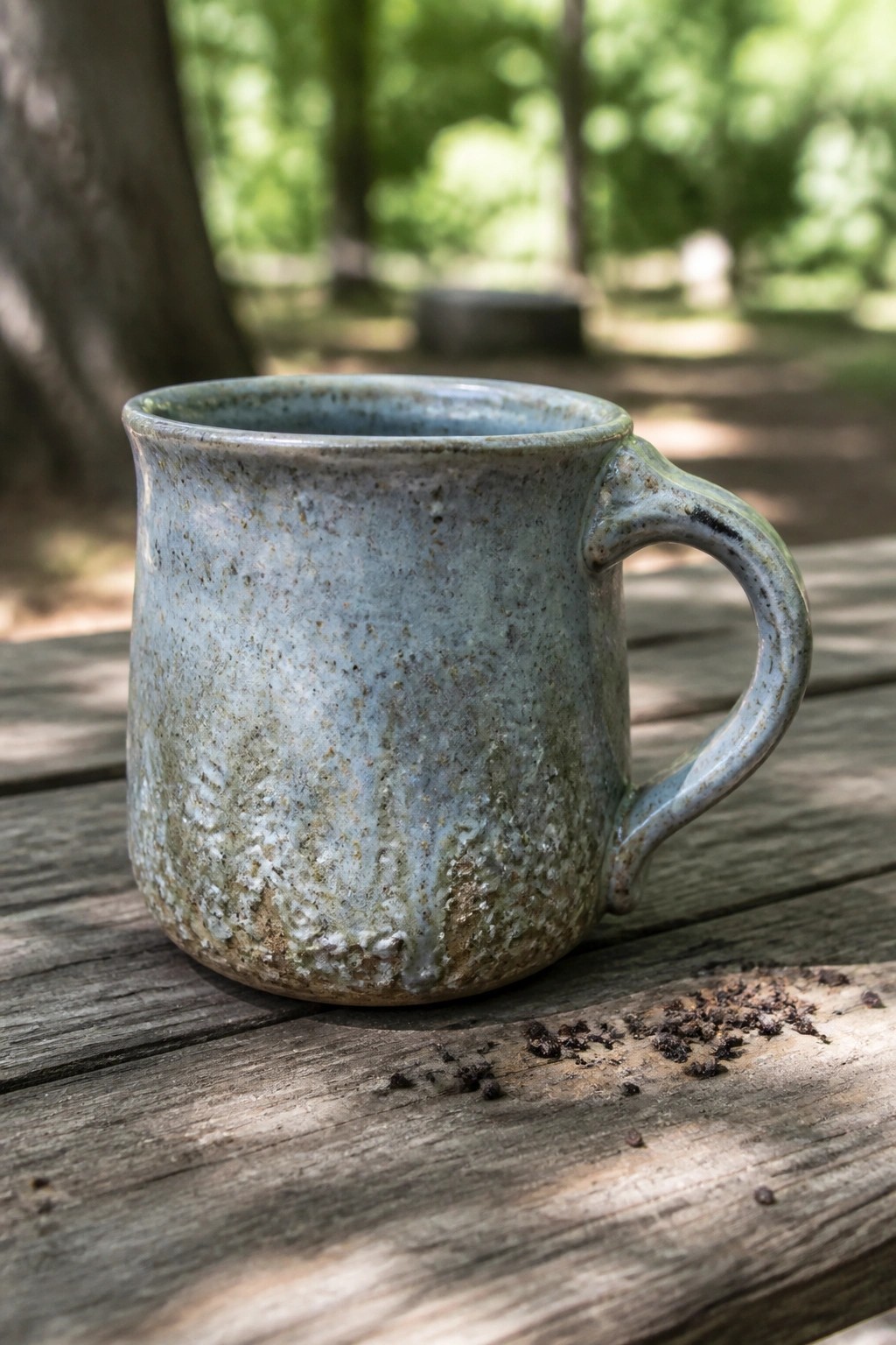 Speckled blue-green ceramic mug on wooden table in forest setting