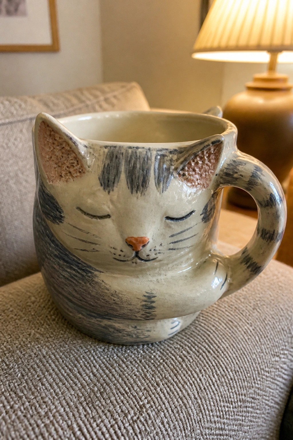 Ceramic cat-shaped mug with closed eyes and gray stripes on beige couch.