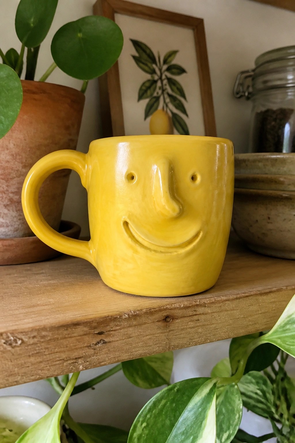 Yellow smiling face mug on wooden shelf amid potted plants and framed art