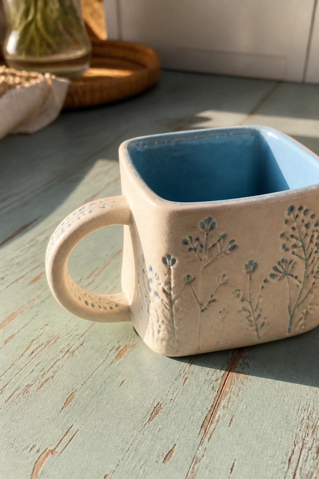 Square beige ceramic mug with blue botanical imprints and blue interior on wooden table