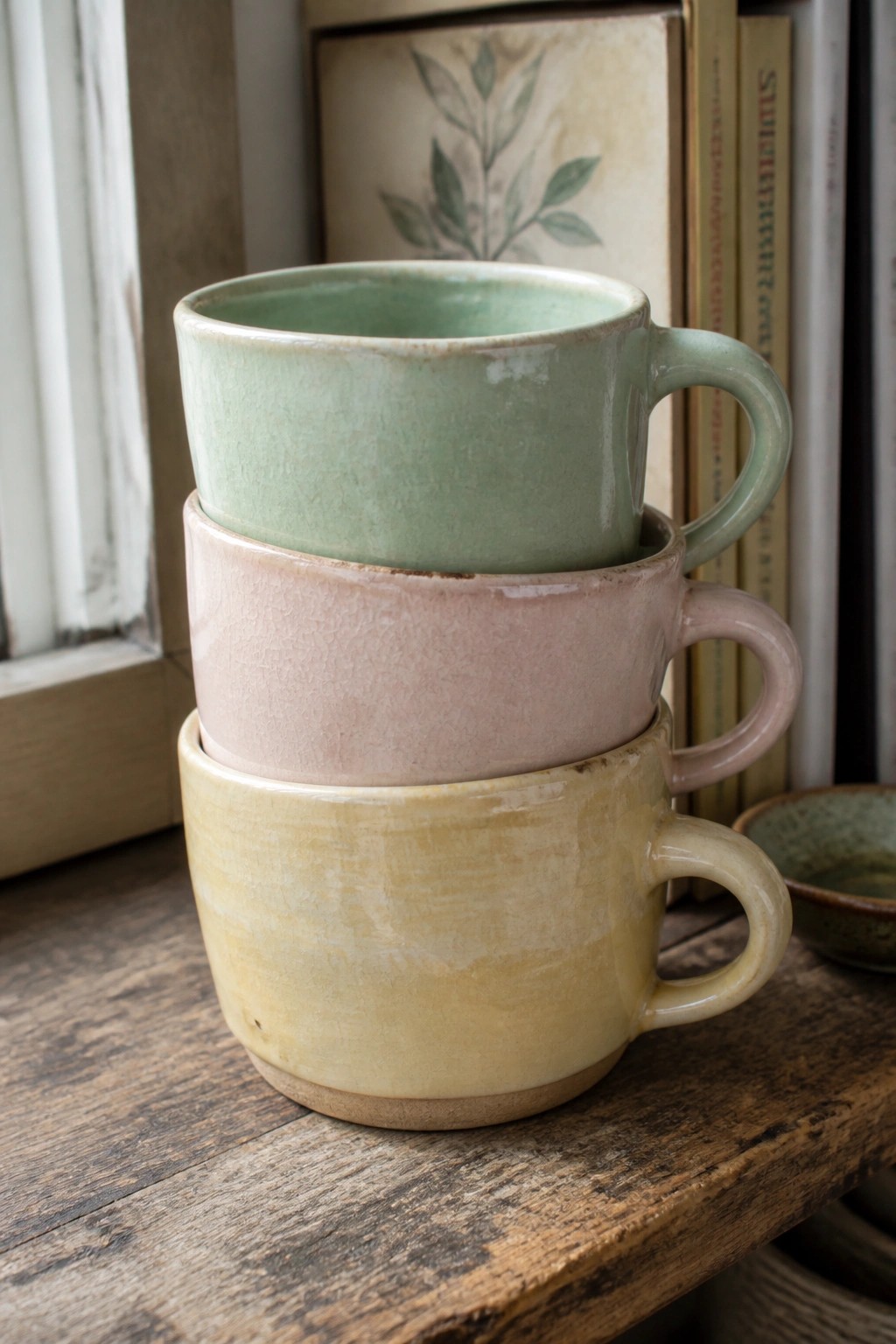Three stacked pastel ceramic mugs in green, pink, and yellow on wood
