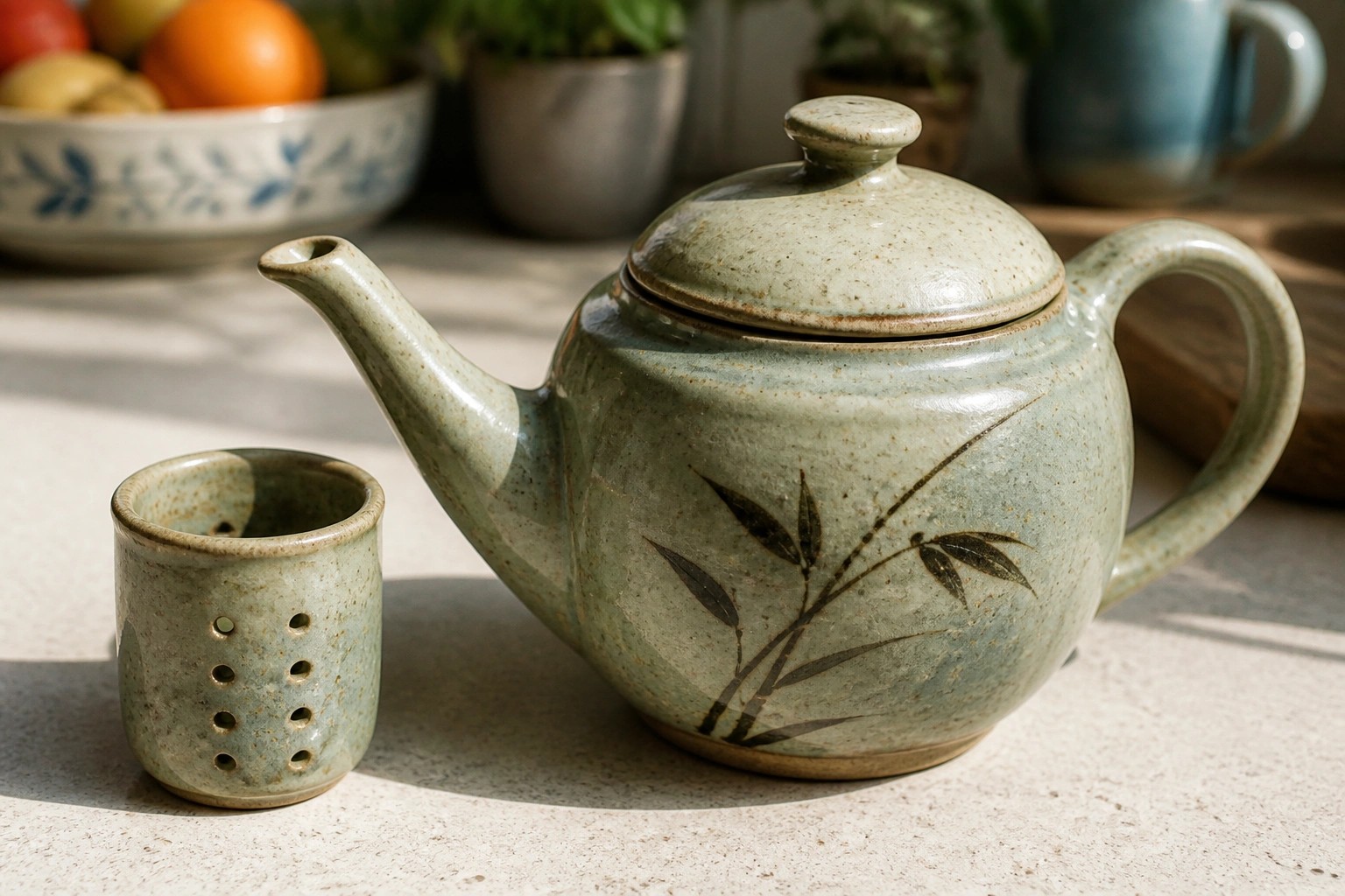 Green ceramic teapot with leaf design beside small perforated cup on marble counter