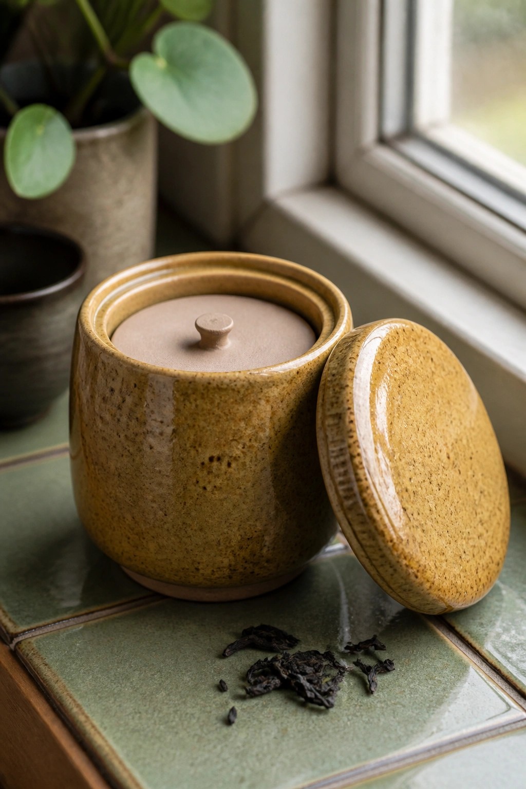 Speckled mustard ceramic jar with lid off beside dried tea leaves on green tiles