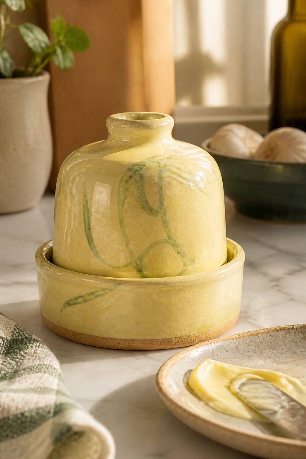 Yellow ceramic butter dish with green swirls beside butter plate on marble counter.