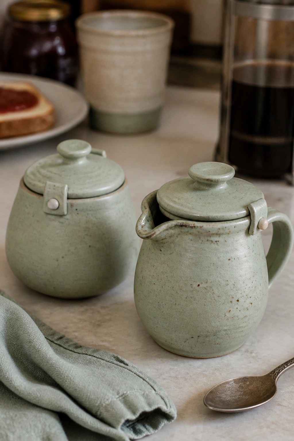 Sage green ceramic creamer and lidded pot beside French press, toast, and napkin on marble.
