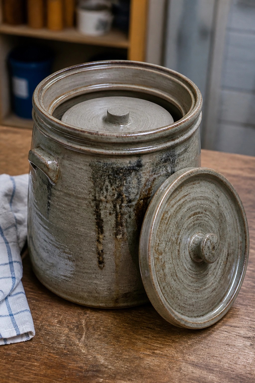 Rustic gray ceramic crock with lid on wooden table beside checkered cloth.