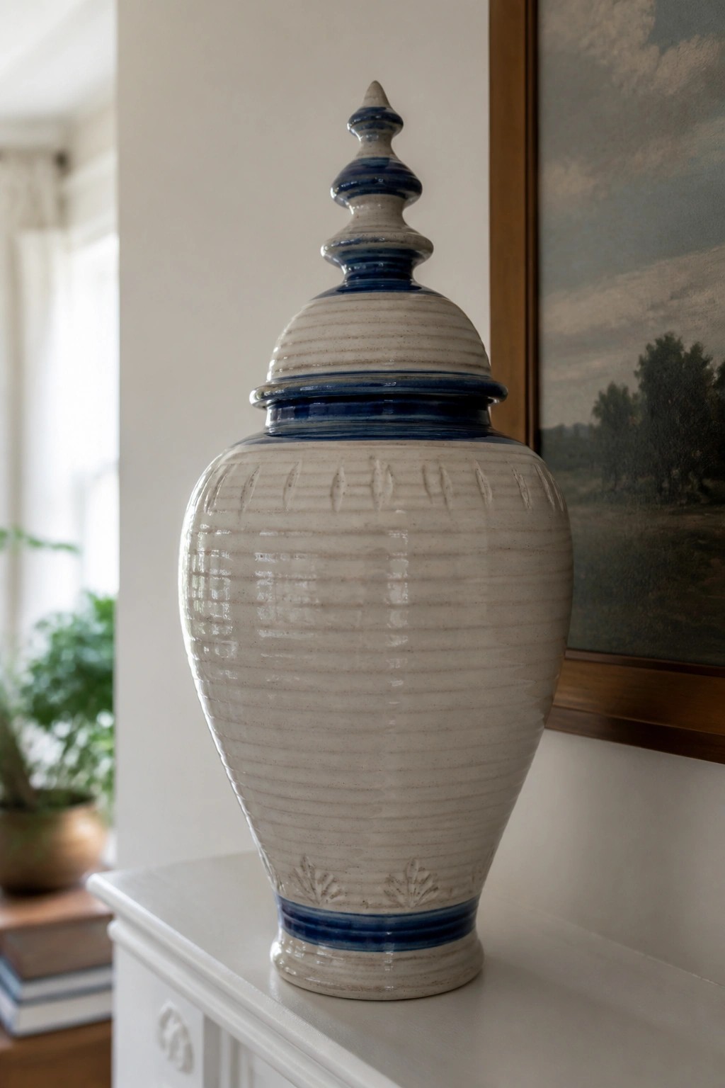 Cream ceramic lidded urn with blue accents on white shelf beside painting